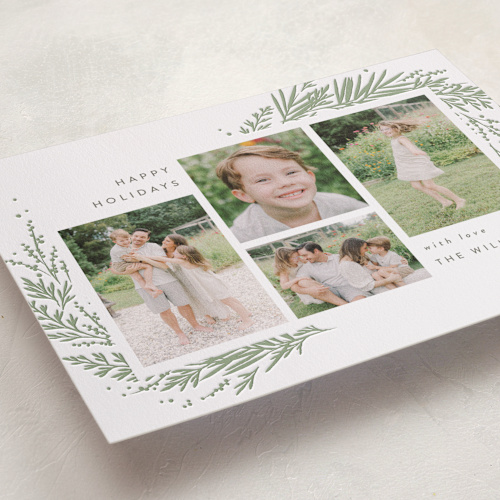 This is a sage letterpress holiday cards with letterpress by Robert and Stella called mountain greenery printing on bright white letterpress paper in standard