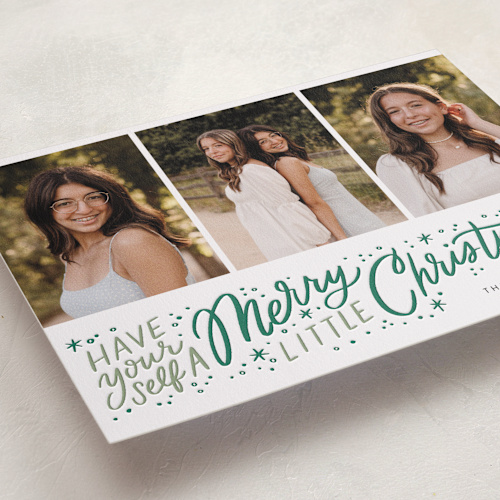 This is a sage letterpress holiday cards with letterpress by Alethea and Ruth called merry little lettering printing on bright white letterpress paper in standard