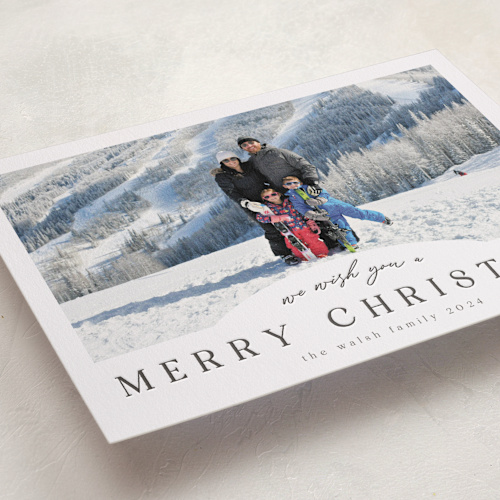 This is a charcoal letterpress holiday cards with letterpress by Nicole Walsh called slight arch printing on bright white letterpress paper in standard