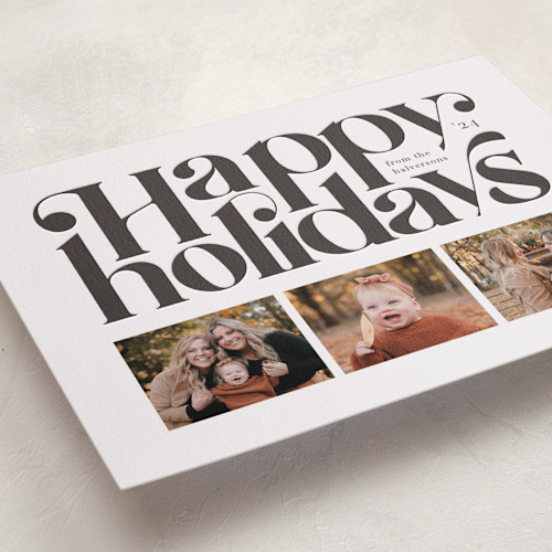 This is a smoke letterpress holiday cards with letterpress by Meggy Masters called bold holiday printing on bright white letterpress paper in standard