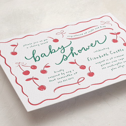This is a scarlet baby shower invitations with letterpress by Erin German called cherry sweet printing on somerset500 in standard