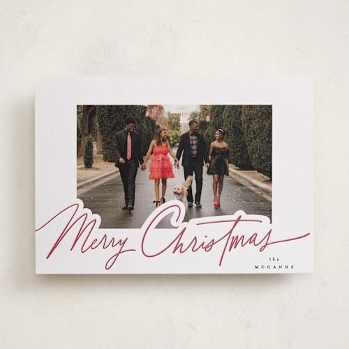 This is a holly berry letterpress holiday cards with letterpress by Everett Paper Goods called pen scripted printing on bright white letterpress paper in standard