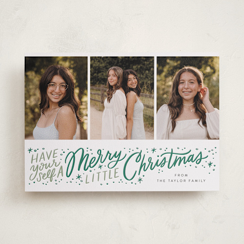 This is a sage letterpress holiday cards with letterpress by Alethea and Ruth called merry little lettering printing on bright white letterpress paper in standard
