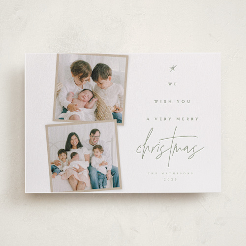 This is a pine letterpress holiday cards with letterpress by Kelly Schmidt called very merry printing on bright white letterpress paper in standard