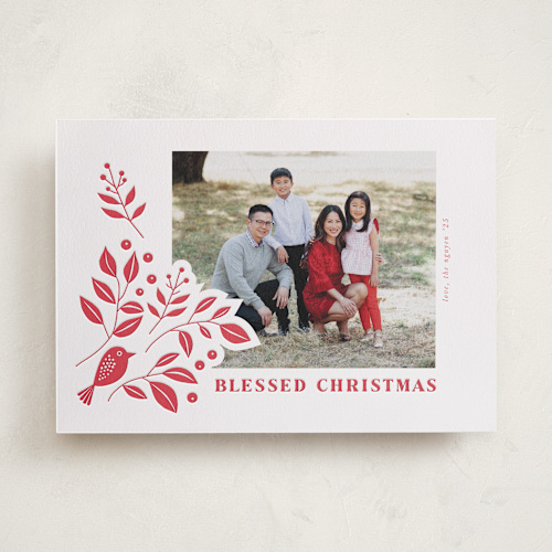 This is a poinsettia letterpress holiday cards with letterpress by Tatjana Koraksic called bird and foliage printing on bright white letterpress paper in standard