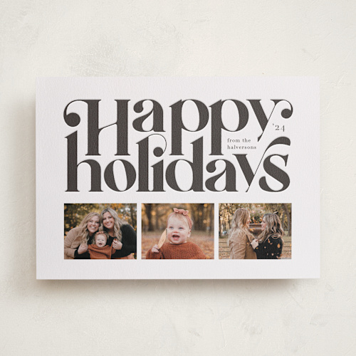 This is a smoke letterpress holiday cards with letterpress by Meggy Masters called bold holiday printing on bright white letterpress paper in standard