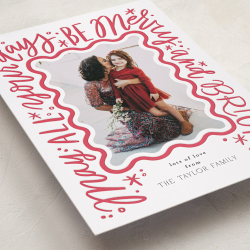 This is a winter rose letterpress holiday cards with letterpress by Alethea and Ruth called scalloped edges printing on bright white letterpress paper in standard