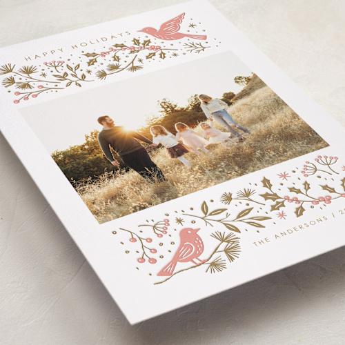 This is a wreath letterpress holiday cards with letterpress by Vivian Yiwing called merry foliage printing on bright white letterpress paper in standard