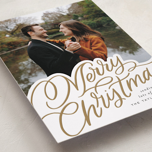 This is a golden letterpress holiday cards with letterpress by Alethea and Ruth called scripted lettering printing on bright white letterpress paper in standard