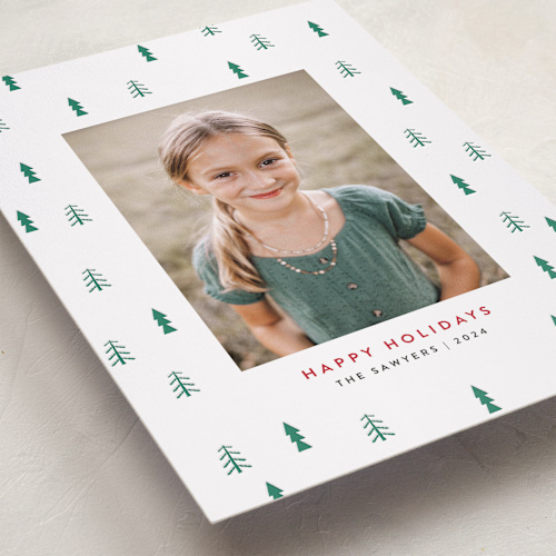 This is a pine letterpress holiday cards with letterpress by Lisa Assenmacher called holiday tree printing on bright white letterpress paper in standard