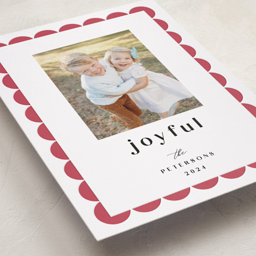 This is a berry letterpress holiday cards with letterpress by Maria Alou called joyful edge printing on bright white letterpress paper in standard