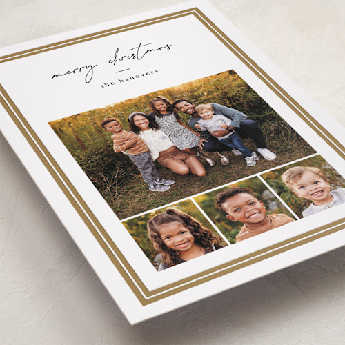 This is a golden letterpress holiday cards with letterpress by Amy Kross called ticking edge printing on bright white letterpress paper in standard