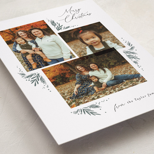 This is a grass letterpress holiday cards with letterpress by Alethea and Ruth called leafy corners printing on bright white letterpress paper in standard