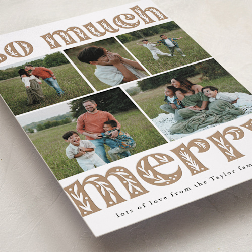 This is a mocha letterpress holiday cards with letterpress by Alethea and Ruth called so much merry printing on bright white letterpress paper in standard