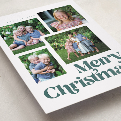 This is a pine letterpress holiday cards with letterpress by Robert and Stella called merry collage printing on bright white letterpress paper in standard