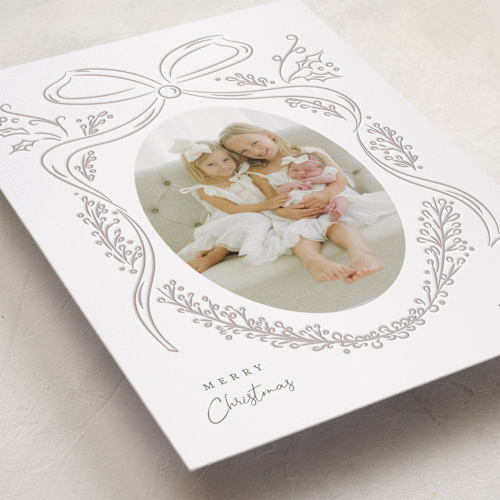 This is a smoke letterpress holiday cards with letterpress by Corinne Malesic called provincial wreath printing on bright white letterpress paper in standard