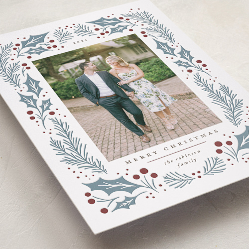 This is a holly berry letterpress holiday cards with letterpress by Wildfield Paper Co called holly berry wreath printing on bright white letterpress paper in standard