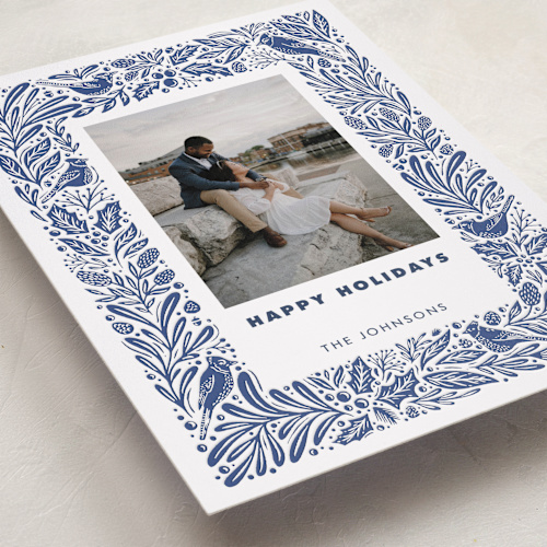 This is a navy letterpress holiday cards with letterpress by Kristen Knechtel called blue jays printing on bright white letterpress paper in standard