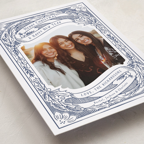 This is a blue jay letterpress holiday cards with letterpress by Becky Nimoy called holly and ribbon printing on bright white letterpress paper in standard