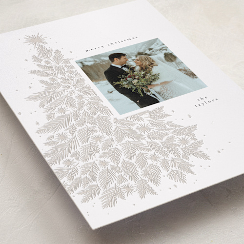 This is a mist letterpress holiday cards with letterpress by Randi Cirelli called whimsical tree printing on bright white letterpress paper in standard