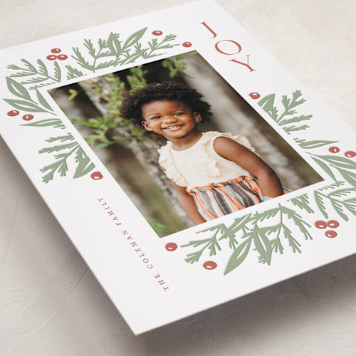 This is a sage letterpress holiday cards with letterpress by Angela Garrick called joyful greens printing on bright white letterpress paper in standard