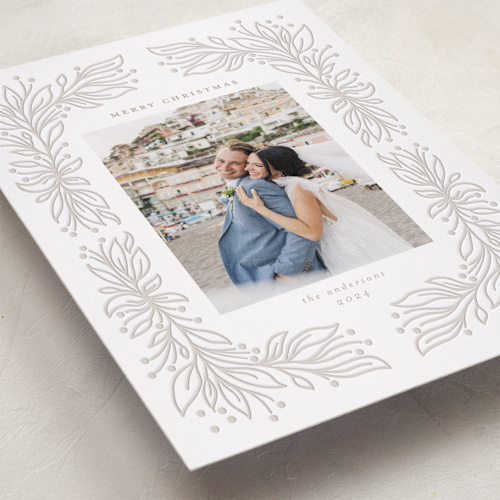 This is a snow letterpress holiday cards with letterpress by Jennifer Holbrook called foliage vine printing on bright white letterpress paper in standard