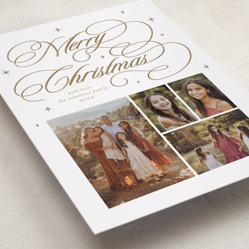 This is a golden letterpress holiday cards with letterpress by Blustery August called starry christmas printing on bright white letterpress paper in standard