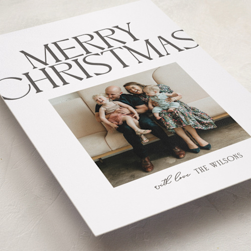 This is a mist letterpress holiday cards with letterpress by Owl and Toad called chic type printing on bright white letterpress paper in standard