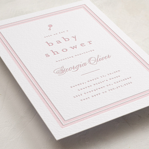This is a classic pink baby shower invitations with letterpress by Carolyn MacLaren called classic start printing on somerset500 in standard