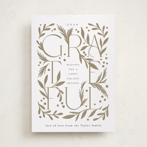 This is a desert letterpress holiday cards with letterpress by Alethea and Ruth called grateful branches printing on bright white letterpress paper in standard