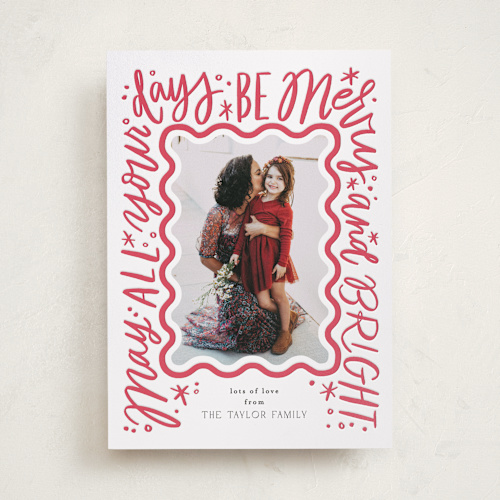 This is a winter rose letterpress holiday cards with letterpress by Alethea and Ruth called scalloped edges printing on bright white letterpress paper in standard