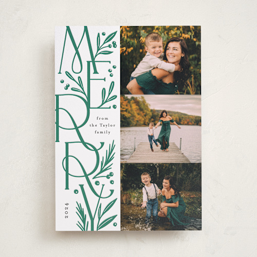 This is a pine letterpress holiday cards with letterpress by Alethea and Ruth called merry letter stack printing on bright white letterpress paper in standard