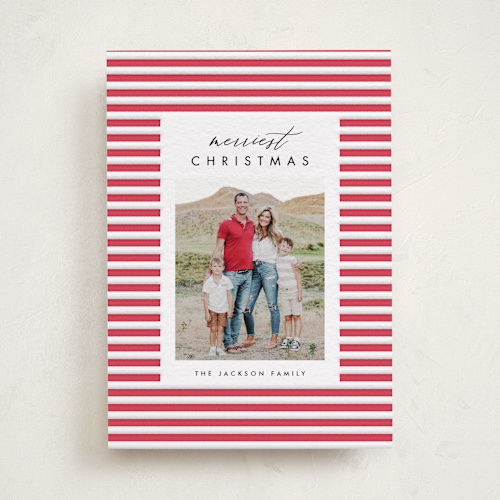 This is a rose letterpress holiday cards with letterpress by Amy Kross called merry stripes printing on bright white letterpress paper in standard