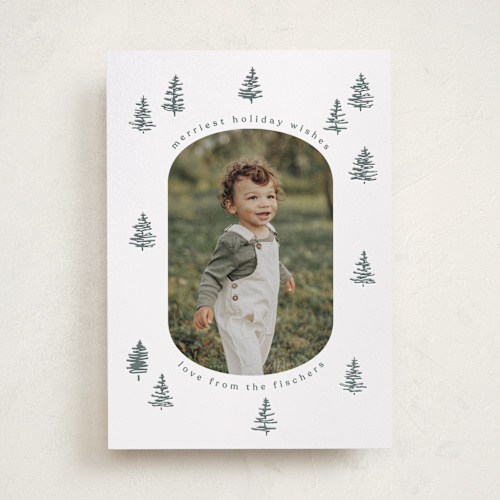 This is a smokey pine letterpress holiday cards with letterpress by Angela Garrick called scribble trees printing on bright white letterpress paper in standard