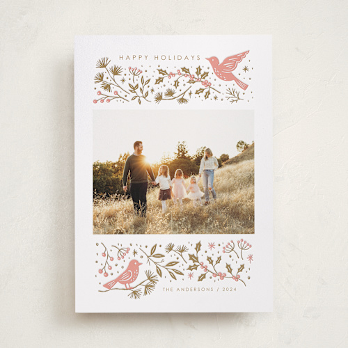 This is a wreath letterpress holiday cards with letterpress by Vivian Yiwing called merry foliage printing on bright white letterpress paper in standard