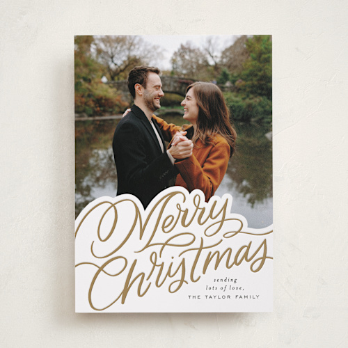 This is a golden letterpress holiday cards with letterpress by Alethea and Ruth called scripted lettering printing on bright white letterpress paper in standard