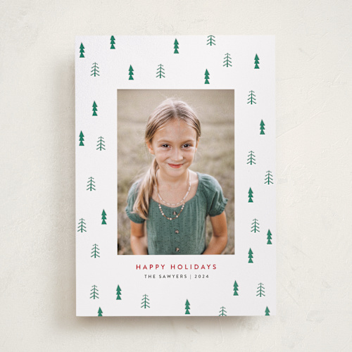 This is a pine letterpress holiday cards with letterpress by Lisa Assenmacher called holiday tree printing on bright white letterpress paper in standard