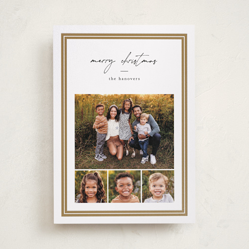 This is a golden letterpress holiday cards with letterpress by Amy Kross called ticking edge printing on bright white letterpress paper in standard