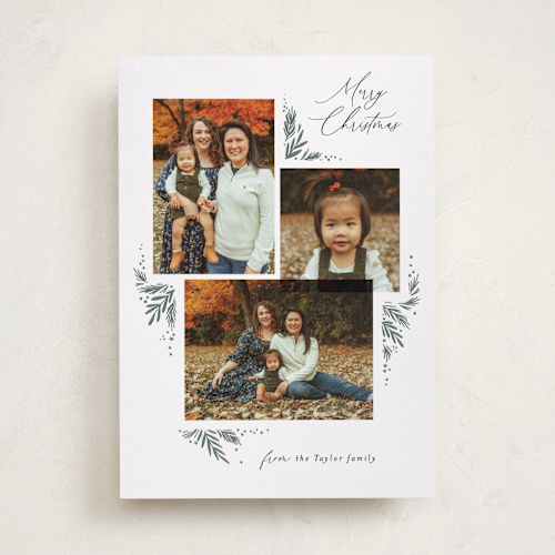 This is a grass letterpress holiday cards with letterpress by Alethea and Ruth called leafy corners printing on bright white letterpress paper in standard