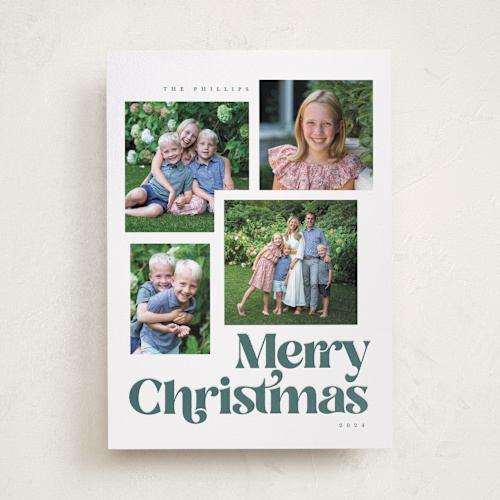 This is a pine letterpress holiday cards with letterpress by Robert and Stella called merry collage printing on bright white letterpress paper in standard