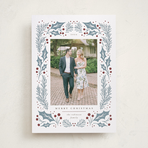 This is a holly berry letterpress holiday cards with letterpress by Wildfield Paper Co called holly berry wreath printing on bright white letterpress paper in standard