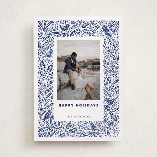 This is a navy letterpress holiday cards with letterpress by Kristen Knechtel called blue jays printing on bright white letterpress paper in standard