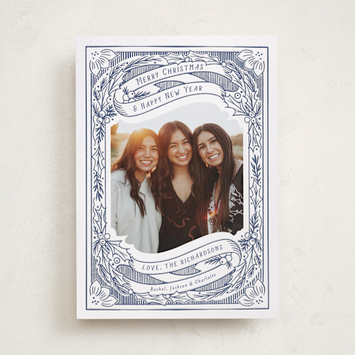 This is a blue jay letterpress holiday cards with letterpress by Becky Nimoy called holly and ribbon printing on bright white letterpress paper in standard