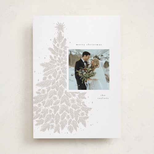 This is a mist letterpress holiday cards with letterpress by Randi Cirelli called whimsical tree printing on bright white letterpress paper in standard