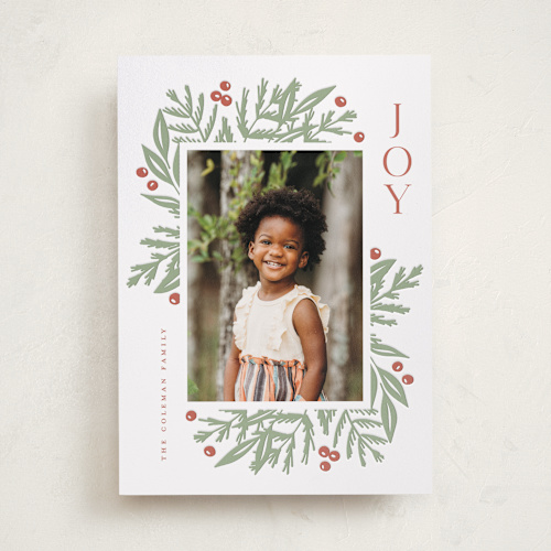 This is a sage letterpress holiday cards with letterpress by Angela Garrick called joyful greens printing on bright white letterpress paper in standard