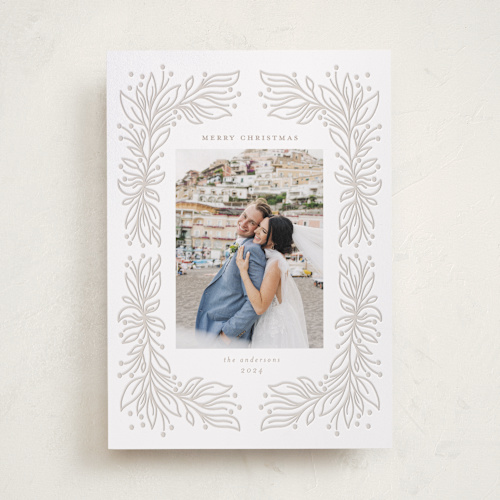 This is a snow letterpress holiday cards with letterpress by Jennifer Holbrook called foliage vine printing on bright white letterpress paper in standard