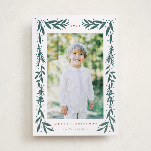 This is a pine letterpress holiday cards with letterpress by Petra Kern called folk frame printing on bright white letterpress paper in standard