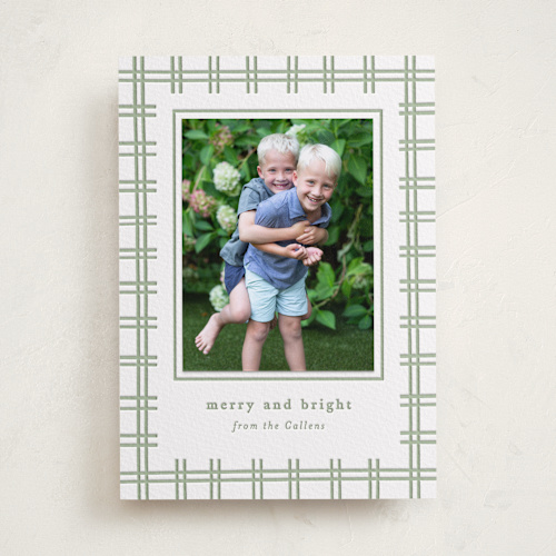 This is a olive photo mount holiday cards with letterpress by Sara Hicks Malone called plaid groove printing on white cotton in photo_mount