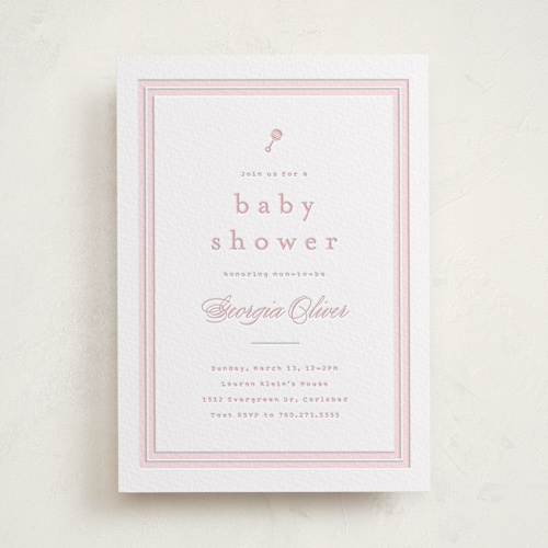 This is a peony baby shower invitations with letterpress by Carolyn MacLaren called classic start printing on white cotton in standard