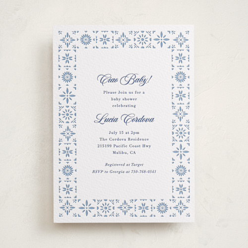 This is a lapis baby shower invitations with letterpress by Olivia Raufman called talavera tiles printing on white cotton in standard